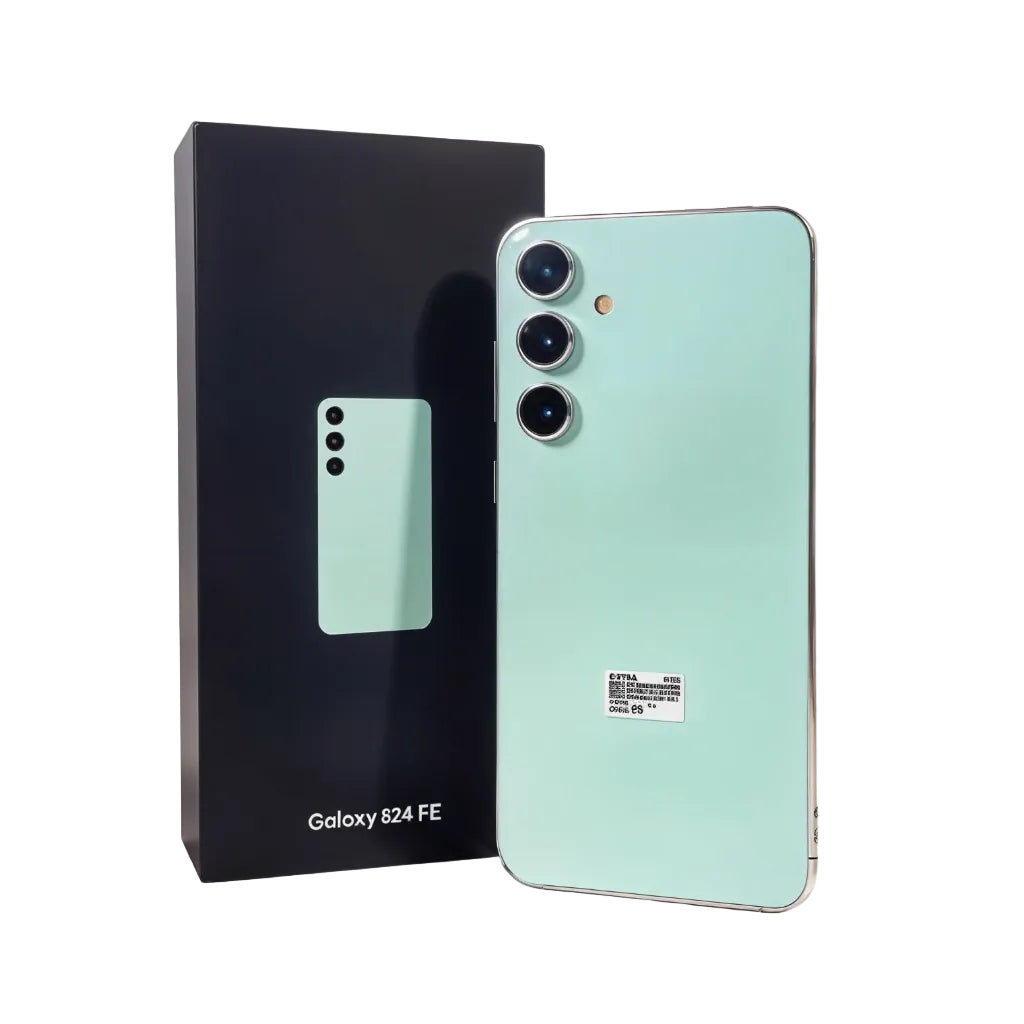 Mint green smartphone next to its packaging on a white background