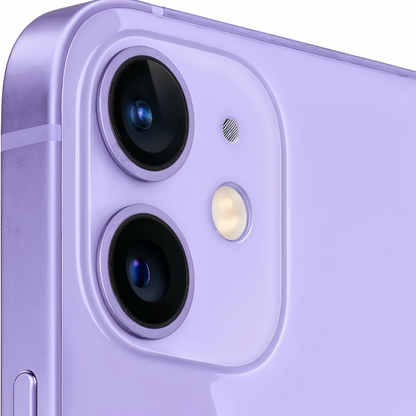 Close-up of a purple smartphone's camera and flash on a white background