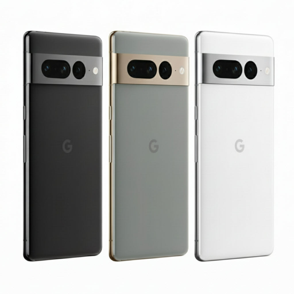 Three smartphone models showing back views with camera setups and Google logo.