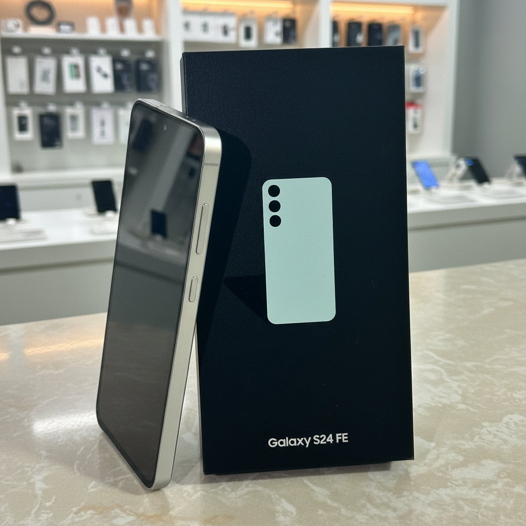 Samsung Galaxy S24 FE phone next to its packaging on a light surface.