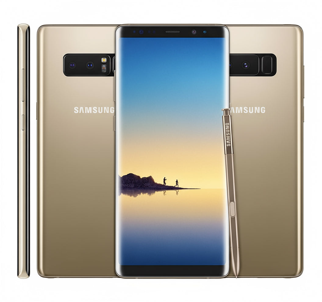 Samsung note 8 smartphone with gradient design and S Pen on a white background